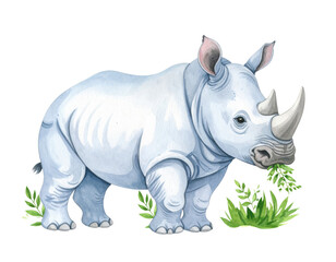 Fototapeta premium Watercolor illustration of a cute baby rhino eating green leaves on a transparent background.