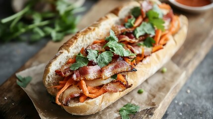 Delicious crispy bacon, shredded carrots, and cilantro in a crusty baguette sandwich on a rustic wooden board.