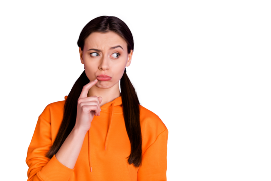 Close-up portrait of her she nice attractive lovely cute disappointed doubtful girl touching lip thinking isolated over bright vivid shine vibrant violet purple lilac color background