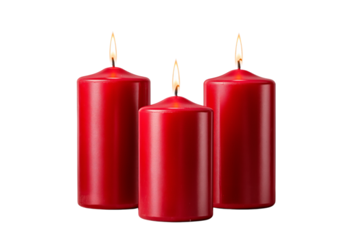 Three red pillar candles with flames on black burning isolated on a transparent background
