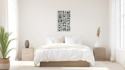 Monochromatic Adinkra symbol canvas in oak frame above a platform bed, blending Scandinavian and African design elements in warm bedroom lighting.