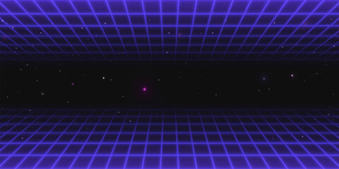 Obraz premium Neon game background with retro grid stretching into star sky for cyberpunk aesthetics. Purple wireframe floor and ceiling - tunnel perspective with glowing stars. Digital space environment for arcade