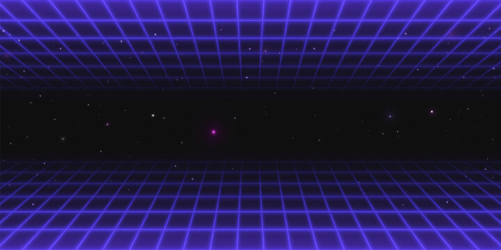 Neon game background with retro grid stretching into star sky for cyberpunk aesthetics. Purple wireframe floor and ceiling - tunnel perspective with glowing stars. Digital space environment for arcade