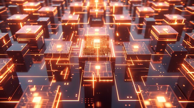 Cubical memory vaults organized in a symmetric pattern with glowing power lines depicting big data storage .