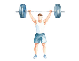 Watercolor weightlifter doing overhead press with barbell, fitness strength training illustration