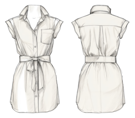 Front and back view of a light-colored, short, collared dress with a belted waist