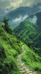 Naklejka premium Pathway through lush green hills, inviting a journey into natures embrace, capturing a sense of peace and adventure, Generative AI