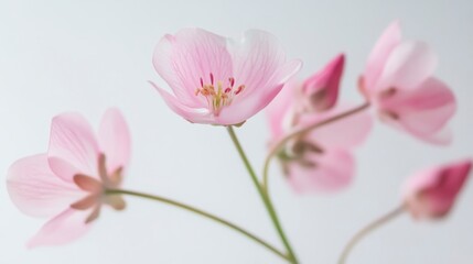 Obraz premium Delicate pink flowers on slender stems against a soft white background.