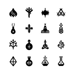 Collection of sixteen alchemical symbols and icons representing various elements and concepts in black