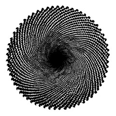 Circular vortex pattern formed by repeating black dots creating a swirling optical illusion design effect