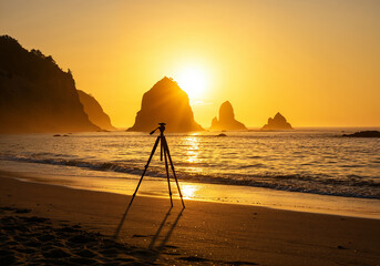 A tripod stands ready on a sandy beach, capturing the breathtaking golden sunset over majestic sea stacks and tranquil ocean waves. Perfect for travel and photography concepts