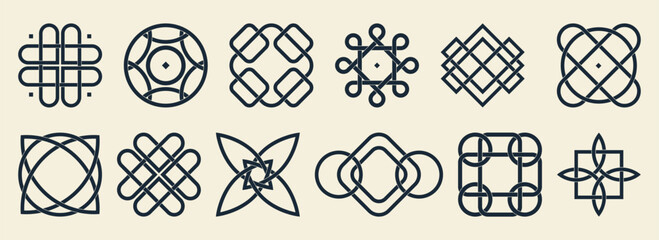 Traditional patterns with celtic designs and irish knot motifs for heritage branding and cultural projects. Interwoven geometric shapes form circles, squares and crosses. Ornamental elements set.