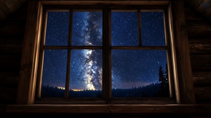 Naklejka premium Night sky view from wooden cabin window