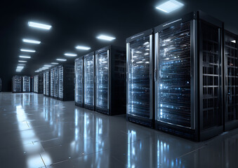 Rows of illuminated server racks in a dark data center with reflective floor server room technology