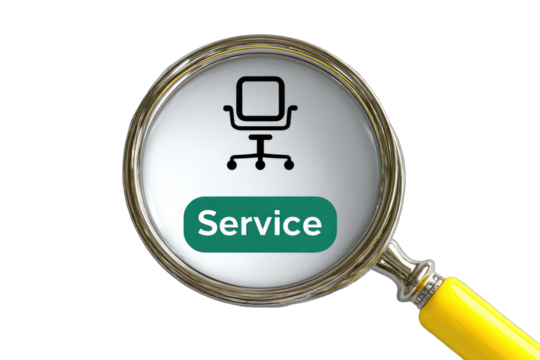 Magnifying glass focuses on a chair icon and "Service" button