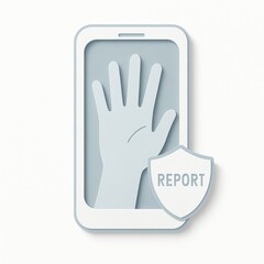 Obraz premium online grooming - Minimal line-art illustration featuring a translucent adult hand holding a glowing smartphone outline with a report shield icon and soft contact shadow on a pure white background.