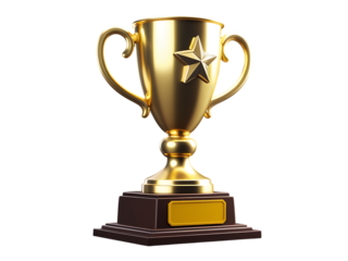 Golden trophy with a star, isolated on transparent background, symbolizing victory, success, and achievement in competition or business