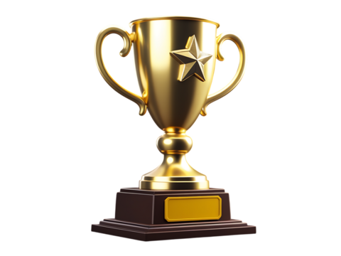 Golden trophy with a star, isolated on transparent background, symbolizing victory, success, and achievement in competition or business
