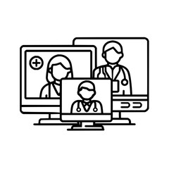 Online medical consultation with doctors on computer screens showing telemedicine appointments and healthcare
