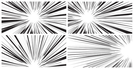 Manga backgrounds set. Comic anime graphic pattern. Fast speed lines backdrop. Black and white speed lines burst effect with radial motion. Dynamic abstract vector illustration. © Mariquita vector