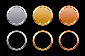 Gold, silver, bronze circle medals, metal circle frames, coins. First, second, third place award frames isolated on black background. Realistic vector illustration.