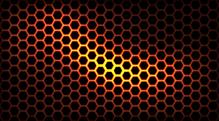 Honeycomb seamless glowing fire pattern. Bright orange and yellow illuminated hexagonal grid on black. Vector futuristic design with fiery light effect for wallpapers, sci-fi textures, backgrounds. © Mariquita vector