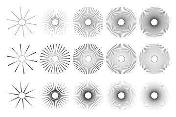 Sun icons with radial rays. Set of sunburst and starburst elements with varying line thickness and density. Retro comic or vintage engraving style rays. Abstract vector illustration.