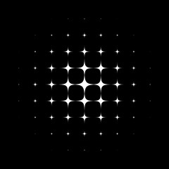 Fototapeta premium Abstract halftone star dotted round patter. White geometric shape with gradient effect on black background. Minimalistic, futuristic, graphic vector illustration.