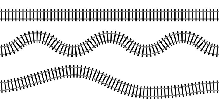 Top view of wavy curved and straight railways isolated on white background. Set of railroad tracks with rails and ties. Transportation infographic. Seamless vector illustrations.