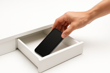 online grooming - A hand is shown sliding a smartphone into a drawer, suggesting concealment or storage of personal technology in a home setting.