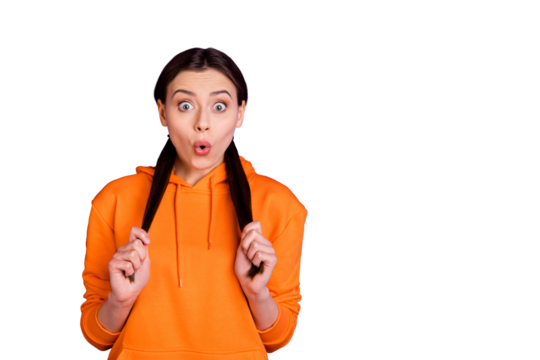 Close-up portrait of her she nice attractive lovely cute winsome cheerful amazed impressed girl touching ponytails isolated over bright vivid shine vibrant violet purple lilac color background