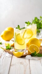 Two glasses of lemonade with ice, lemon slices, and mint leaves on a wooden board