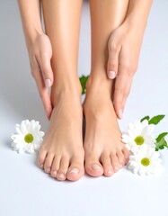Fototapeta premium Smooth, well-manicured feet surrounded by daisies on a light background