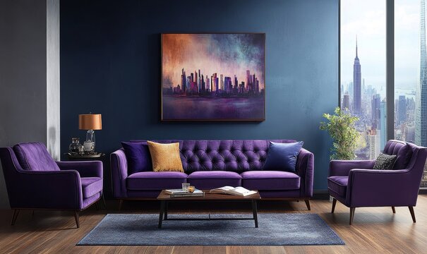 Modern living room interior design featuring a purple sofa and armchairs against a dark blue wall with a stylish poster, evoking contemporary sophistication, Generative AI