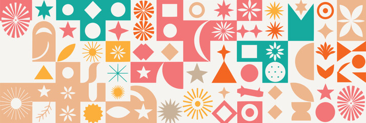 Colorful geometric pattern featuring stars, circles, triangles, and abstract shapes in teal, peach, orange, and coral on a light background. Playful tone.