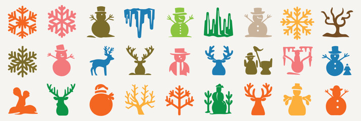 A colorful grid of winter-themed icons includes snowflakes, snowmen, reindeer, icicles, and trees in vibrant shades like pink, green, blue, and orange.