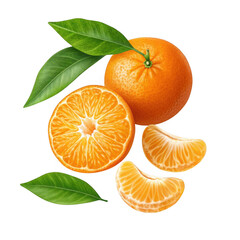 Fresh ripe mandarin oranges with green leaves isolated on transparent background