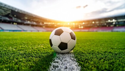 Fototapeta premium Soccer ball resting on green grass in a stadium