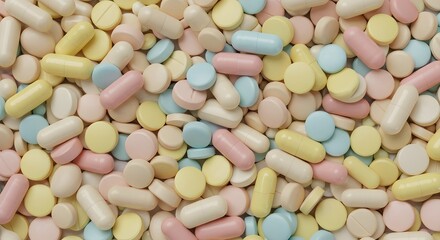 Colorful Assortment of Medication: A close-up shot presents a diverse array of pills, capsules, and tablets in various shapes and colors, offering a vibrant illustration of modern medicine.
