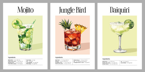 Rum cocktail poster set with watercolor Mojito, Jungle Bird, and Daiquiri recipes. Modern printable kitchen decor featuring classic tropical drinks with fresh ingredients and minimalist design.