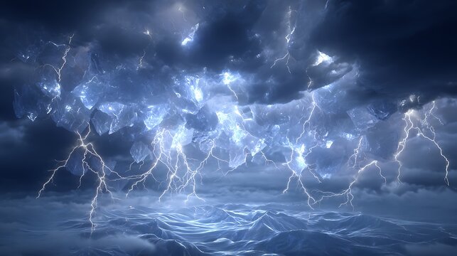 Lightning strikes above the ocean in an eerie blue storm. Creates drama, impact, great for marketing, web design, and editorial use. - Powered by Adobe
