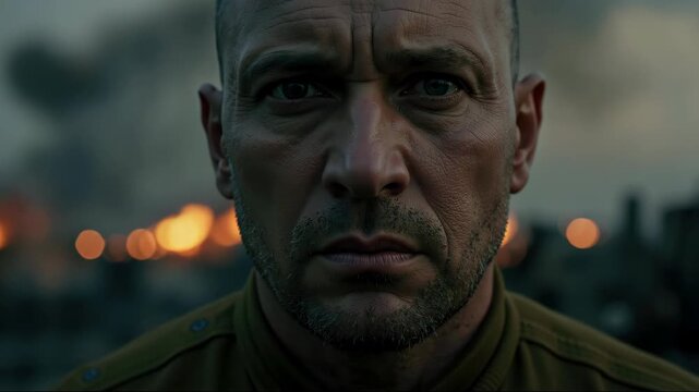 Determined caucasian soldier with flames behind. Dramatic style. Conflict and resilience concept. Security services, veteran support, crisis communication, memorial events, awareness campaigns