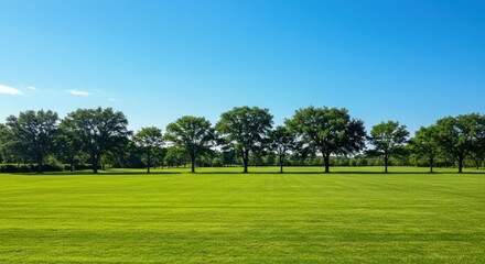 Fototapeta premium Lush green field under clear sky with distant line of tall trees