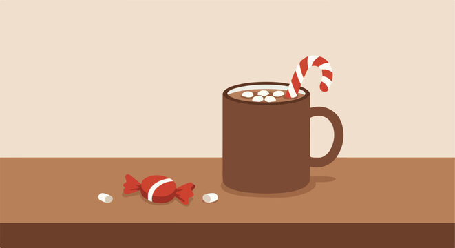 Cocoa mug with candy cane and wrapped treat on a table, muted colors