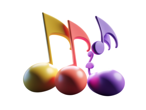 Three vibrant 3d musical notes in different colors isolated on a transparent background, representing the joy of music