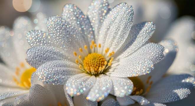 Close-up of white daisy flower with dew drops in sunlight