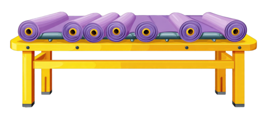 Purple fabric rolls on a yellow conveyor belt
