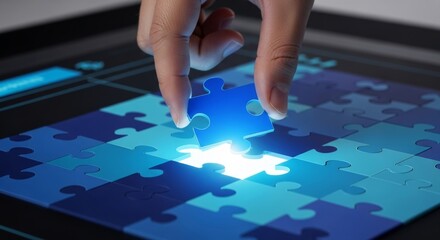 Person placing puzzle piece on digital board with light effect