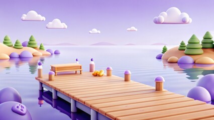 Fototapeta premium 3d serene lakeside dock with stylized landscape