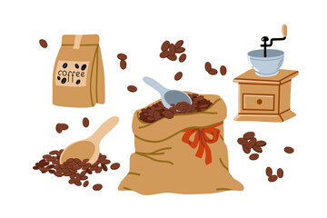 Coffee Beans Icons in Flat Cartoon Style 